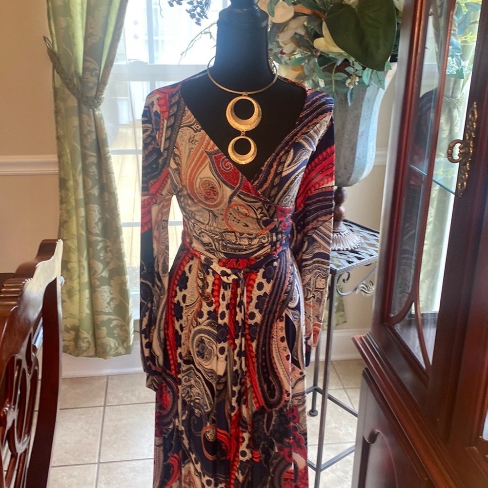 Navy blue, coral and beige paisley print dress